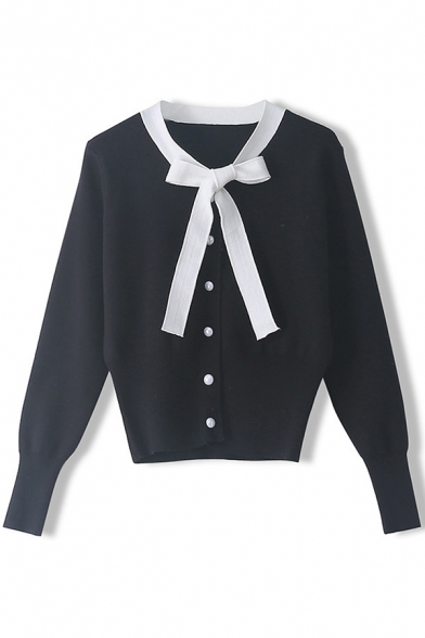 Pretty Ladies Cardigan Pearl Button Contrasted Bow-tied Neck Long Sleeve Regular Knit Cardigan