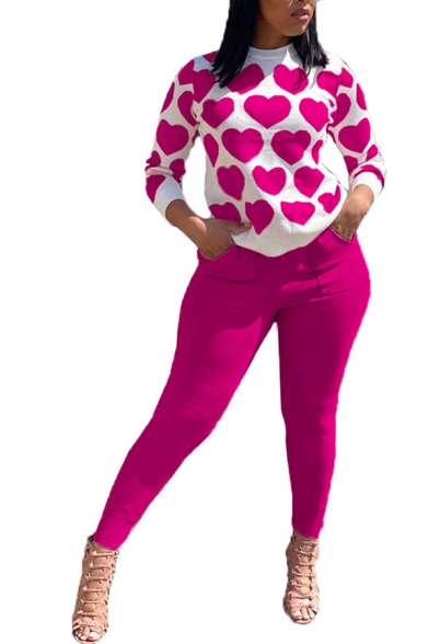 Pretty Womens Set Heart All Over Print Long Sleeve Crew Neck Relaxed T Shirt & Pants Set