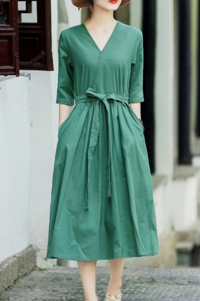 Simple Womens Dress Solid Color Half Sleeve Surplice Neck Bow-tied Waist Mid A-line Dress in Green