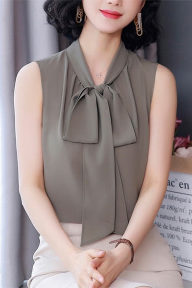 Simple Womens Solid Color Bow Tie Neck Sleeveless Silk Relaxed Fit Blouse Top