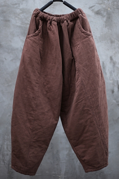 Street Ladies Pants Linen and Cotton Mid Rise Solid Color Ankle Oversize Pants
