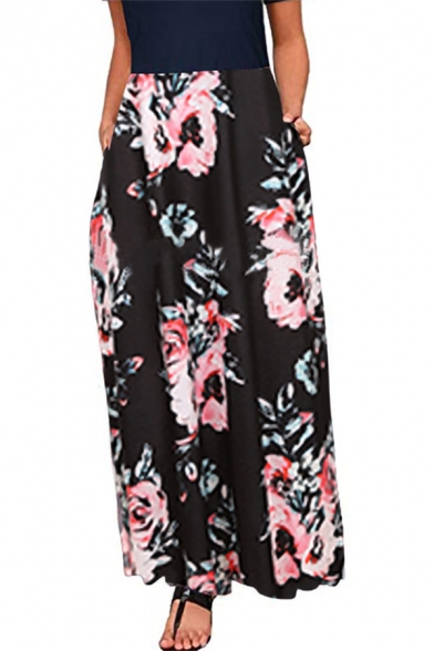 Summer Chic Floral Printed Cold Shoulder Round Neck Maxi Holiday Beach Dress