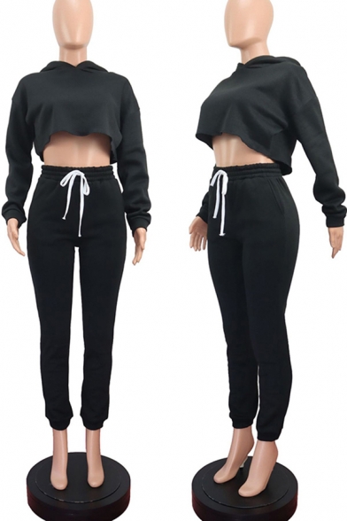 Trendy Womens Set Plain Long Sleeve Relaxed Cropped Hoodie & Sweatpants Co-ords
