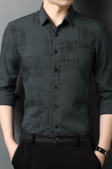 Vintage Mens Shirt Cross Line Print Button down Slim Fit Long Sleeve Point Collar Shirt