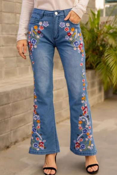 Womens Blue Jeans Casual Flower Embroidery Frayed Cuffs Low Waist Zipper Fly Regular Fit Long Flare Jeans