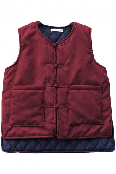 Womens Casual Vest Plain Quilted Frog Button Sleeveless Loose Fit Vest