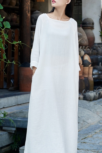 Womens Chinese Style Dress Linen and Cotton Long Sleeve Round Neck Solid Color Long Oversize Dress