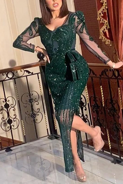 Womens Elegant Dress Sequins Floral Applique Sheer Mesh Long Sleeve Deep V-neck Bow Tied Waist Slit Side Long Shift Dress in Blackish Green