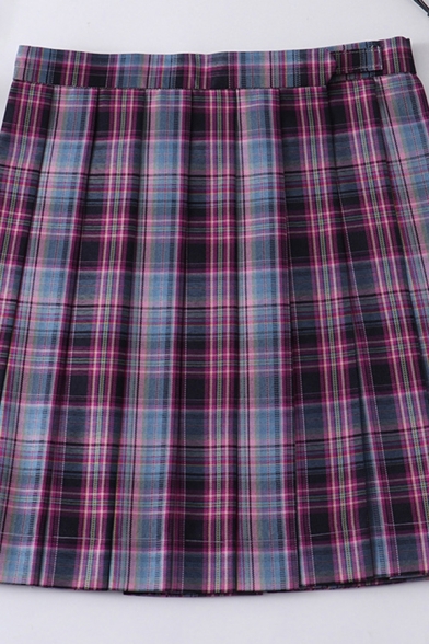 Basic Women's Skirt Plaid Pattern Pleated Detail Invisible Zipper High Rise Mini A-Line Skirt