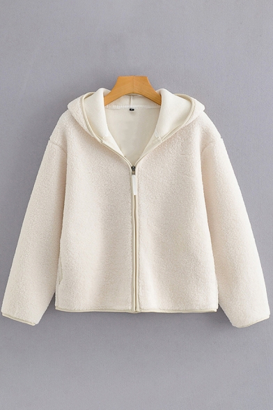 Casual Womens Coat Sherpa Long Sleeve V-neck Zipper Front Solid Color Relaxed Fit Coat