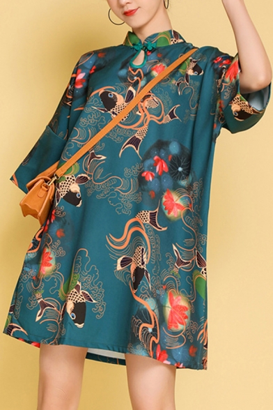 Chic Dress Fish Lotus Pattern A-Line Half Sleeve Mandarin Collar Mini Relaxed Fitted Cheongsam Dress for Women