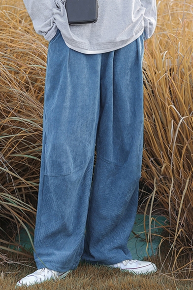 Chic Mens Pants Solid Color Corduroy Pockets Full Length Relaxed Fit Straight Lounge Pants