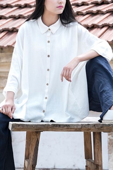 Chinese Womens Shirt Linen and Cotton 3/4 Sleeve Point Collar Button Up Oversize Plain Shirt Top