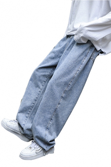 Classic Mens Jeans Pockets Straight Relaxed Fit Floor Length Jeans with Washing Effect