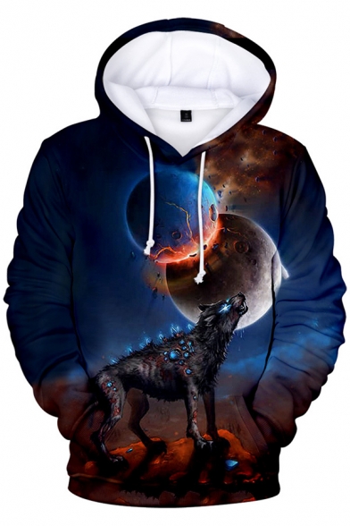 Cool Moon Planet Wolf Galaxy Printed Long Sleeves Pullover Hoodie with Pocket