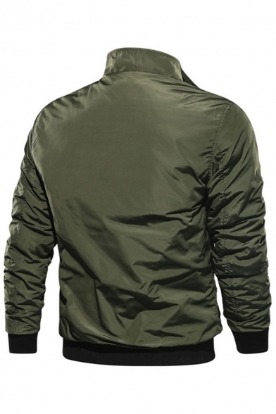 Elegant Men's Jacket Contrast Trim Zip Fly Stand Collar Flap Pocket Long Sleeve Regular Fitted Jacket