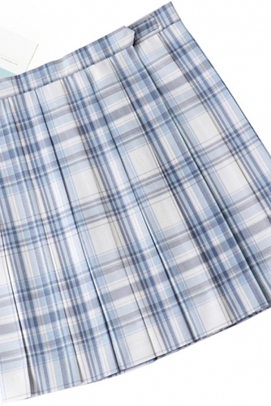 Elegant Women's Skirt Plaid Pattern Pleated Detailed High Rise Invisible Zip Mini A-Line Skirt