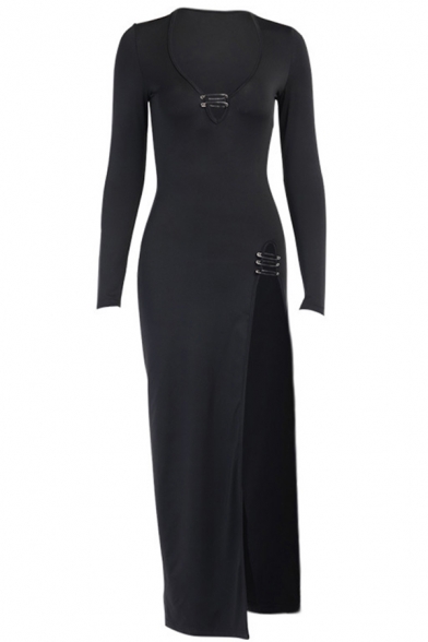 Fancy Women's Bodycon Dress Pin Detail Scoop Neck Long Sleeve High Split Long Bodycon Dress