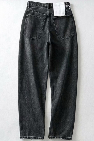 Fancy Women's Jeans Faded Wash Zip Fly High Waist Slant Pocket Long Tapered Pants