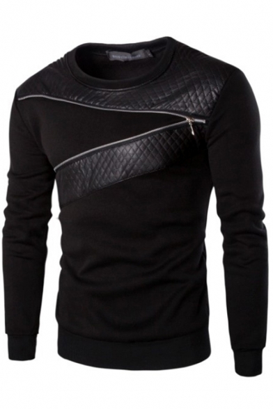 Fashionable Men's Sweater Patchwork Zip Design Round Neck Long Sleeve Regular Fitted Sweater