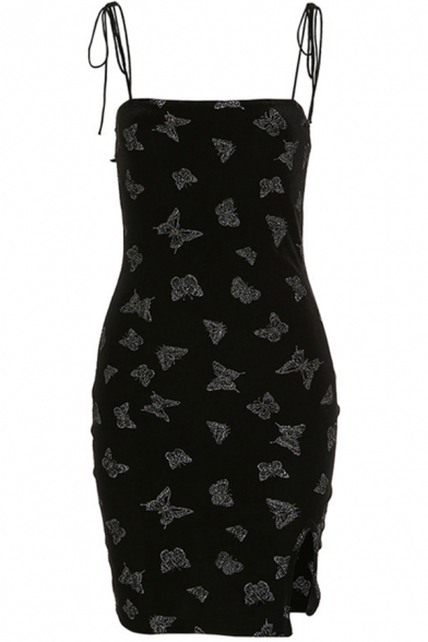Fashionable Womens Dress Butterfly Pattern Split Hem Tie-Strap Slim Mini Bodycon Dress in Black
