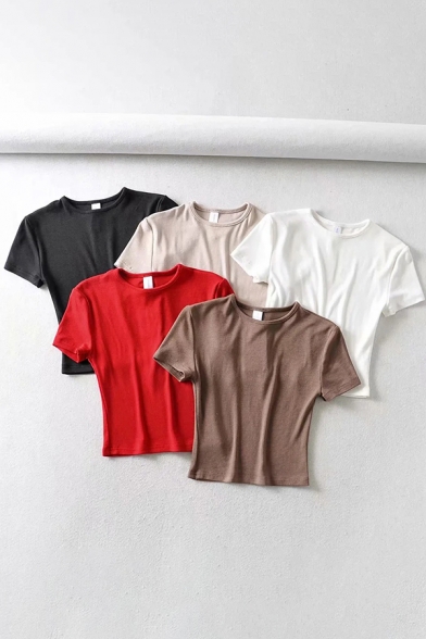 Girls Chic T Shirt Solid Color Short Sleeve Crew Neck Slim Fit Crop Tee Top