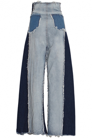 Girls Street Jeans Color Block Patched High Waist Long Length Wide-leg Jeans in Blue