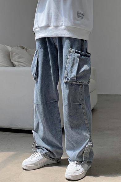 Guys Stylish Jeans Plain Pockets Panel Mid Waist Long Length Wide-leg Jeans in Light Blue