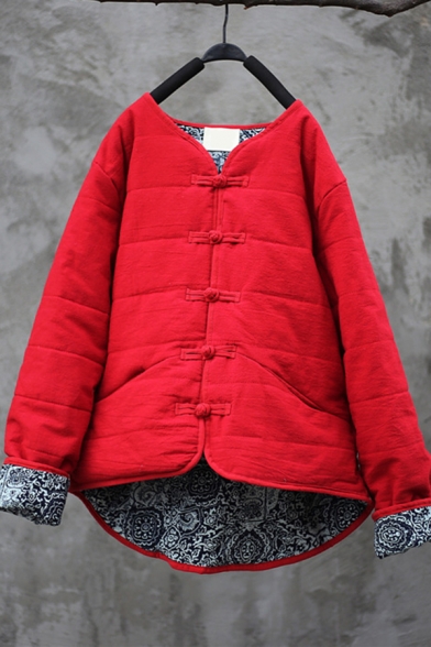 Leisure Girls Coat Plain Quilted Long Sleeve V-neck Frog Button Up High Low Hem Relaxed Fit Coat