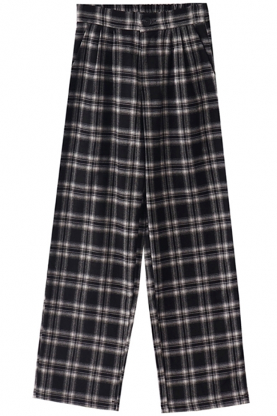 Popular Girls Pants Plaid Printed High Rise Ankle Length Straight Pants in Black-white