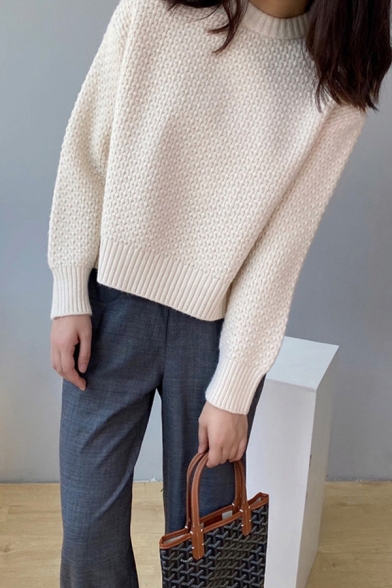Simple Womens Sweater Solid Color Knitted Long Sleeve Crew Neck Loose Fit Pullover Sweater Top