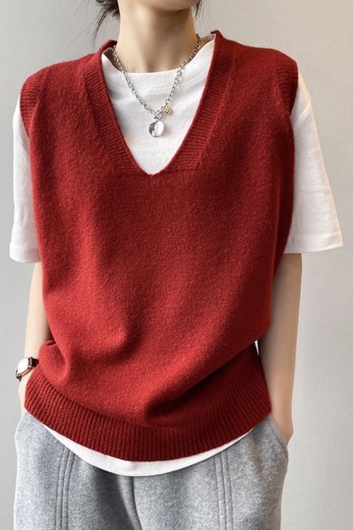 Simple Womens Vest Solid Color Knitted V-neck Sleeveless Relaxed Fit Vest