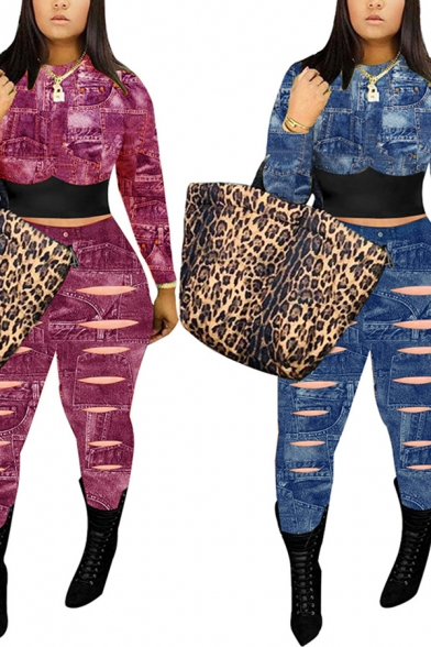Stylish Girls Set Contrasted Long Sleeve Crew Neck Slim Fit Crop Top & Distressed Pants Set