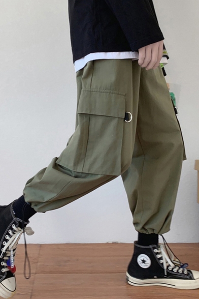 Stylish Pants Plain Drawstring Waist Flap Pockets Ankle Relaxed Fit Pants