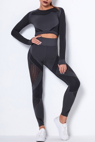 Stylish Women's Set Contrast Panel Round Neck Long Sleeve Slim Fitted Tee Top with High Waist Skinny Leggings Co-ords