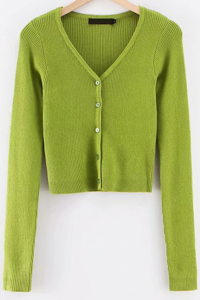 Stylish Womens Cardigan Solid Color Knit Long Sleeve V-neck Button Up Slim Fitted Crop Cardigan