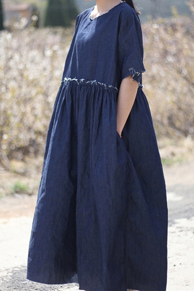 Stylish Womens Dress Raw Edgy Long Sleeve Round Neck Maxi Oversize Dress in Denim Blue