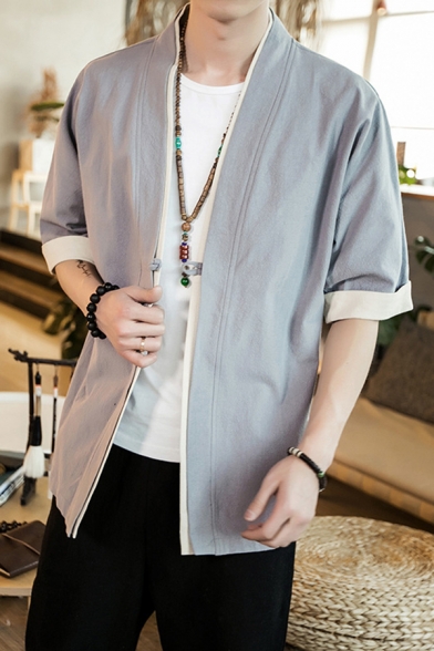 Trendy Men's Jacket Contrast Trim Open Front Half Sleeve Regular Fitted Kimonos Jacket