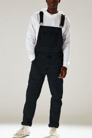 Trendy Mens Jumpsuit Solid Color Ankle Length Straight Suspender Jumpsuit in Black