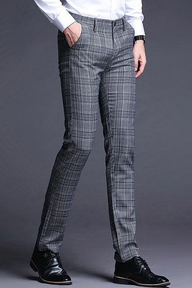 Understated Men's Pants Plaid Tartan Pattern Zip Fly Pocket Detail Long Straight Pants