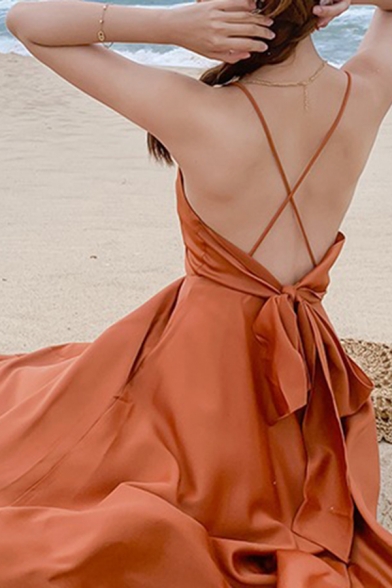 Unique Women's A-Line Dress Solid Color Criss Cross Tie Back V Neck Sleeveless Ruffle Detail Long A-Line Dress
