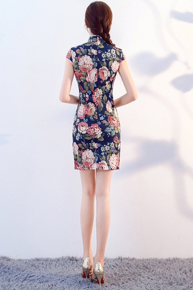 Vintage Womens Dress Flower Pattern Slanting Frog Button Detail Short Sleeve Slim Fitted Mini Modified Cheongsam Dress