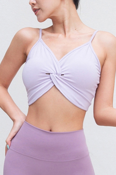 Womens Cami Top Stylish Plain Color Twist-Front Gathered Quick Dry Ventilation Cropped Sleeveless Spaghetti Strap Slim Fitted Yoga Bra