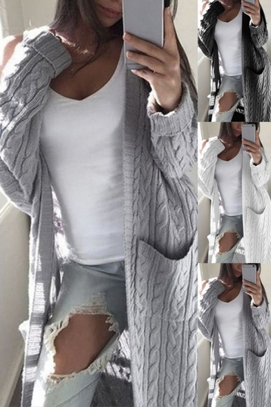 Basic Women's Cardigan Solid Color Cable Knit Pocket Ribbed Trim Open Front Long Sleeve Regular Fitted Cardigan