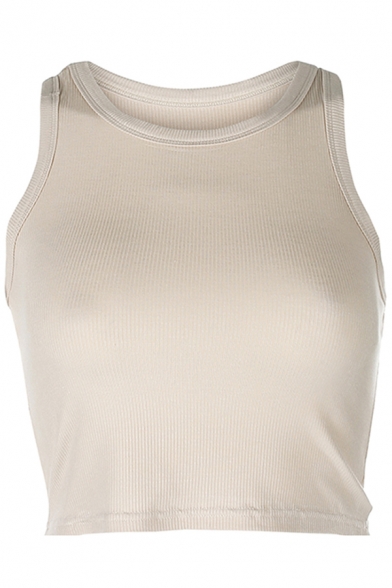 Basic Women's Tank Top Solid Color Round Neck Sleeveless Slim Fitted Cami Top