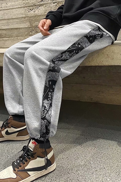Classic Mens Pants Paisley-Panel Side Reflective Tape Cuffed Ankle Length Relaxed Fit Tapered Jogger Pants