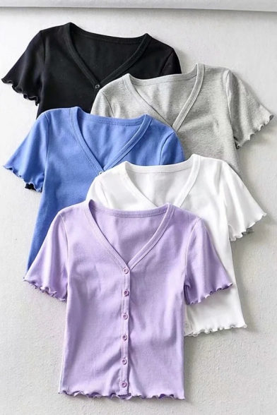 Fancy Girls T Shirt Stringy Selvedge Short Sleeve V-neck Button Up Fit Crop Plain T Shirt