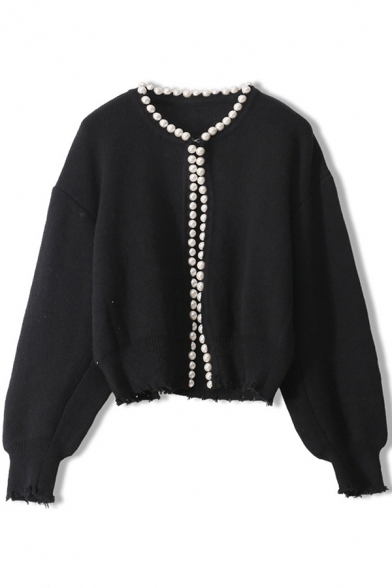 Fancy Ladies Cardigan Pearl Decoration Long Sleeve Knit Relaxed Cardigan