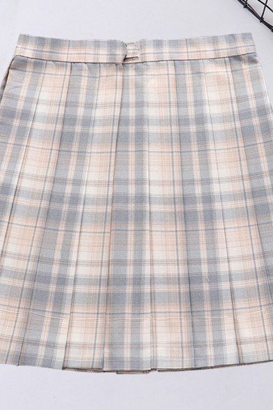 Fancy Women's Skirt Plaid Pattern Invisible Zip High Waist Pleated Detailed A-Line Mini Skirt