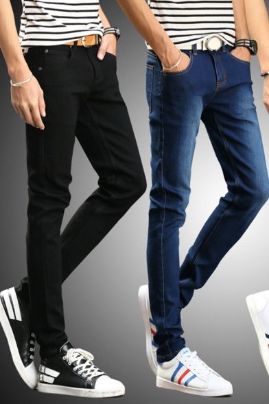 Fashionable Mens Jeans Solid Color Bleach Mid Waist Long Length Straight Jeans